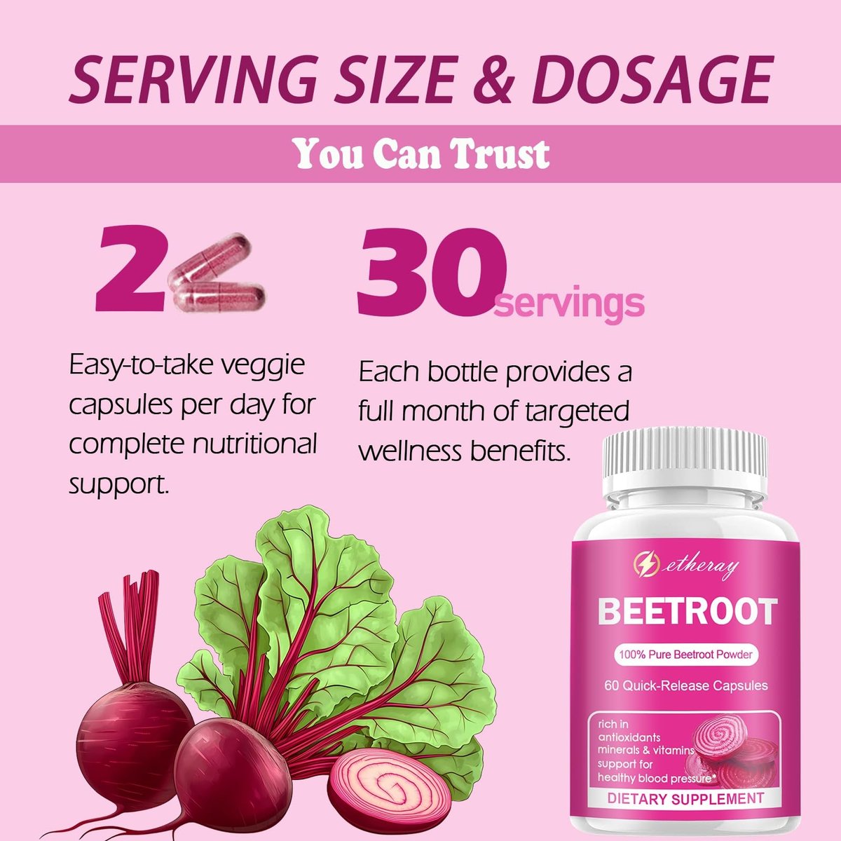 Rote Bete Kapseln - 1300mg Bio Rote Bete Pulver, 60 Kapseln für 30 Tage - Natürliches & veganes Nahrungsergänzungsmittel