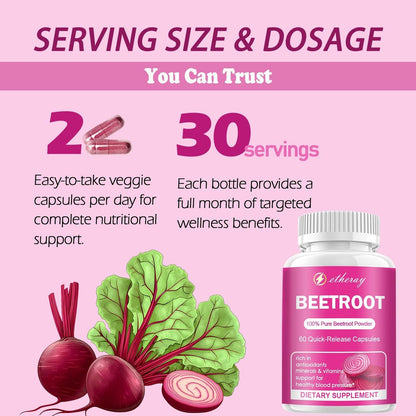 Rote Bete Kapseln - 1300mg Bio Rote Bete Pulver, 60 Kapseln für 30 Tage - Natürliches & veganes Nahrungsergänzungsmittel