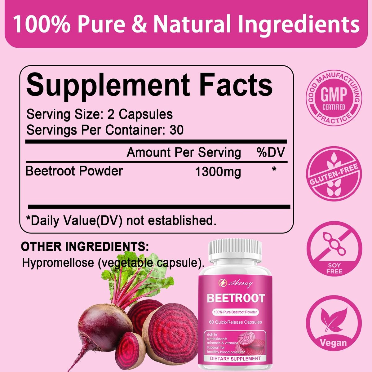 Rote Bete Kapseln - 1300mg Bio Rote Bete Pulver, 60 Kapseln für 30 Tage - Natürliches & veganes Nahrungsergänzungsmittel