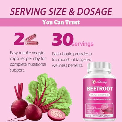 Rote Bete Kapseln - 1300mg Bio Rote Bete Pulver, 60 Kapseln für 30 Tage - Natürliches & veganes Nahrungsergänzungsmittel