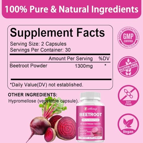 Rote Bete Kapseln - 1300mg Bio Rote Bete Pulver, 60 Kapseln für 30 Tage - Natürliches & veganes Nahrungsergänzungsmittel
