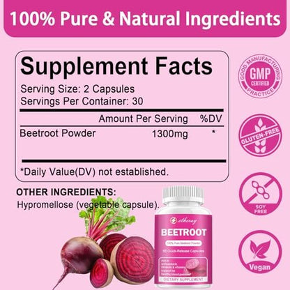 Rote Bete Kapseln - 1300mg Bio Rote Bete Pulver, 60 Kapseln für 30 Tage - Natürliches & veganes Nahrungsergänzungsmittel