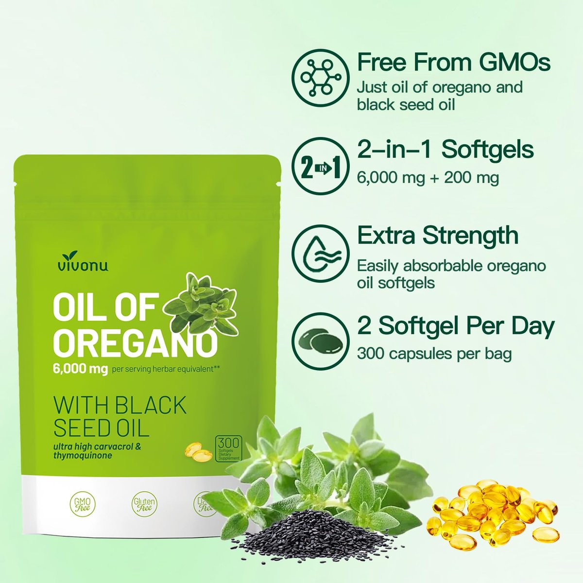 VivoNu Oil of Oregano Kapseln – Ausgewogenes Oreganoöl mit Schwarzkümmelöl, Bio Oreganoöl Softgels, Carvacrol, Thymochinon, Nicht-GVO (600 Stk./2 Beutel)