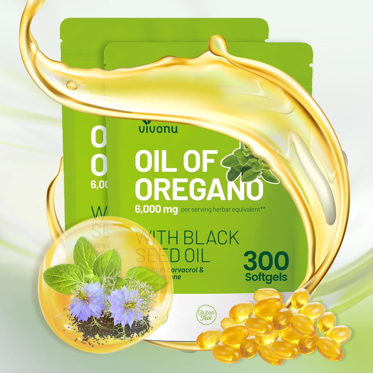 VivoNu Oil of Oregano Kapseln – Ausgewogenes Oreganoöl mit Schwarzkümmelöl, Bio Oreganoöl Softgels, Carvacrol, Thymochinon, Nicht-GVO (600 Stk./2 Beutel)