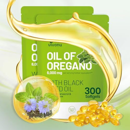 VivoNu Oil of Oregano Kapseln – Ausgewogenes Oreganoöl mit Schwarzkümmelöl, Bio Oreganoöl Softgels, Carvacrol, Thymochinon, Nicht-GVO (600 Stk./2 Beutel)