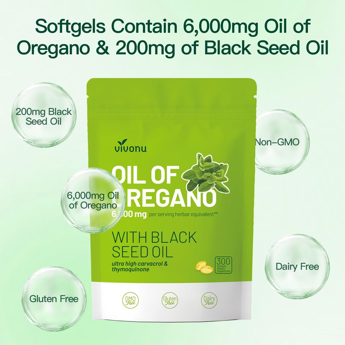 VivoNu Oil of Oregano Kapseln – Ausgewogenes Oreganoöl mit Schwarzkümmelöl, Bio Oreganoöl Softgels, Carvacrol, Thymochinon, Nicht-GVO (600 Stk./2 Beutel)