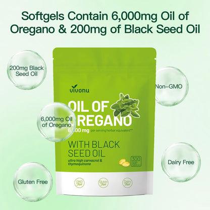 VivoNu Oil of Oregano Kapseln – Ausgewogenes Oreganoöl mit Schwarzkümmelöl, Bio Oreganoöl Softgels, Carvacrol, Thymochinon, Nicht-GVO (600 Stk./2 Beutel)
