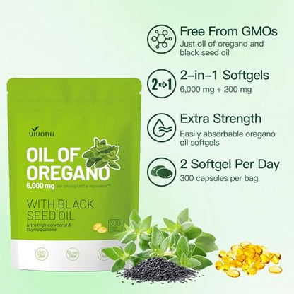 VivoNu Oil of Oregano Kapseln – Ausgewogenes Oreganoöl mit Schwarzkümmelöl, Bio Oreganoöl Softgels, Carvacrol, Thymochinon, Nicht-GVO (600 Stk./2 Beutel)