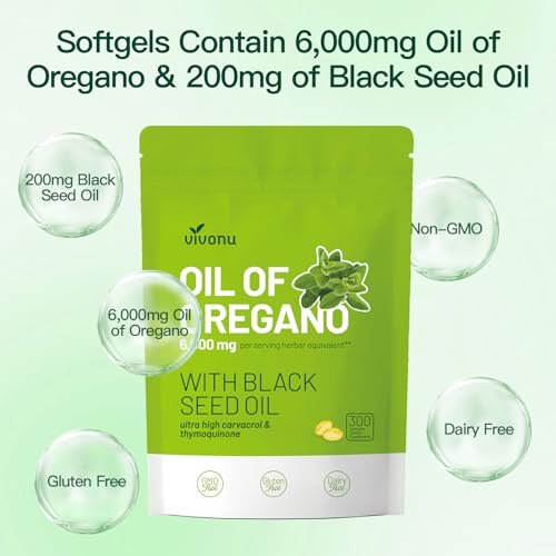 VivoNu Oil of Oregano Kapseln – Ausgewogenes Oreganoöl mit Schwarzkümmelöl, Bio Oreganoöl Softgels, Carvacrol, Thymochinon, Nicht-GVO (600 Stk./2 Beutel)