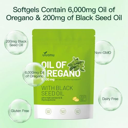 VivoNu Oil of Oregano Kapseln – Ausgewogenes Oreganoöl mit Schwarzkümmelöl, Bio Oreganoöl Softgels, Carvacrol, Thymochinon, Nicht-GVO (600 Stk./2 Beutel)