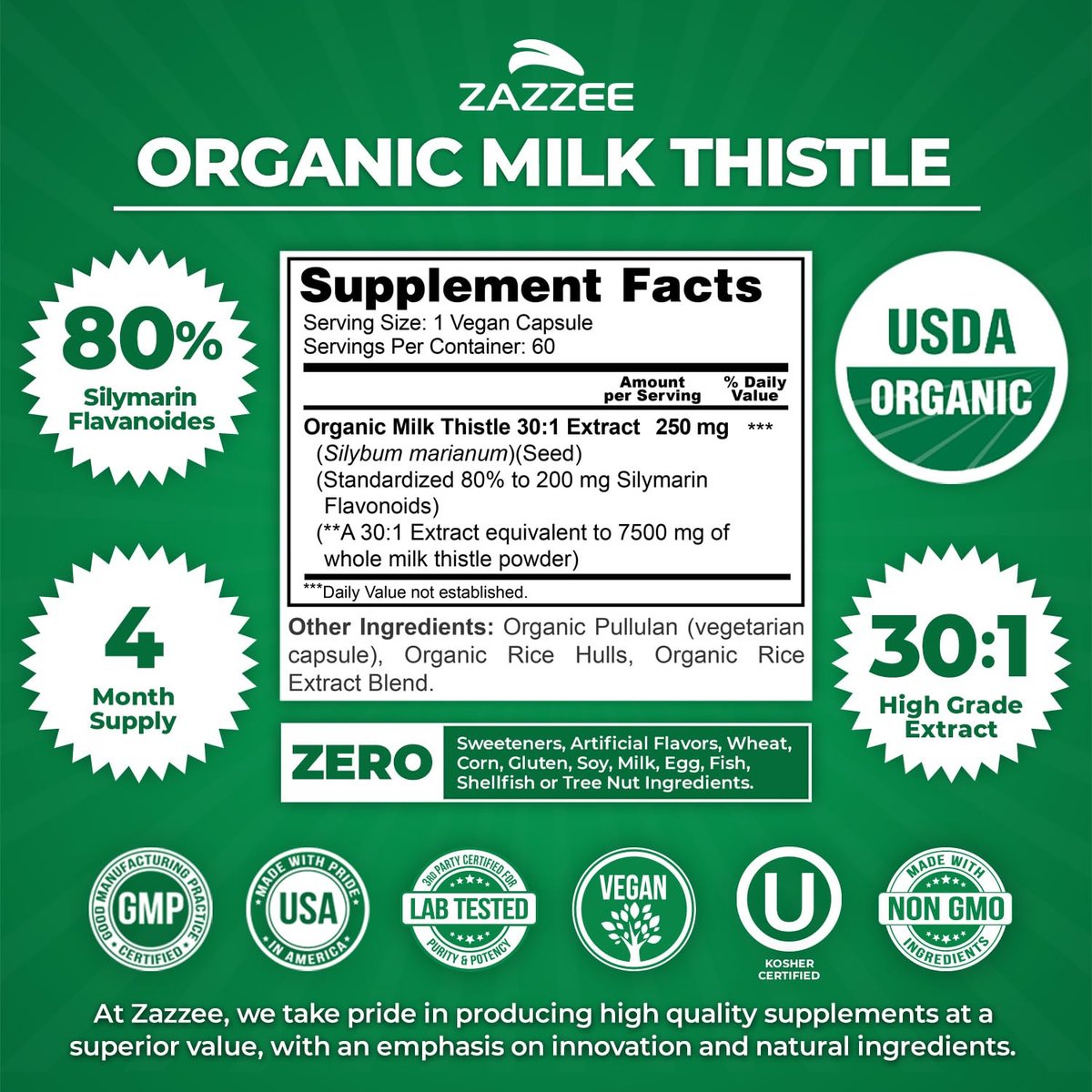 Zazzee USDA Bio Mariendistel 30:1 Extrakt, 80 % Silymarin, 60 vegane Kapseln, 2 Monate Vorrat, zertifiziert koscher, hochwirksame Leber- & Antioxidans-Unterstützung, Silybum Marianum, nicht gentechnisch verändert, hergestellt in den USA