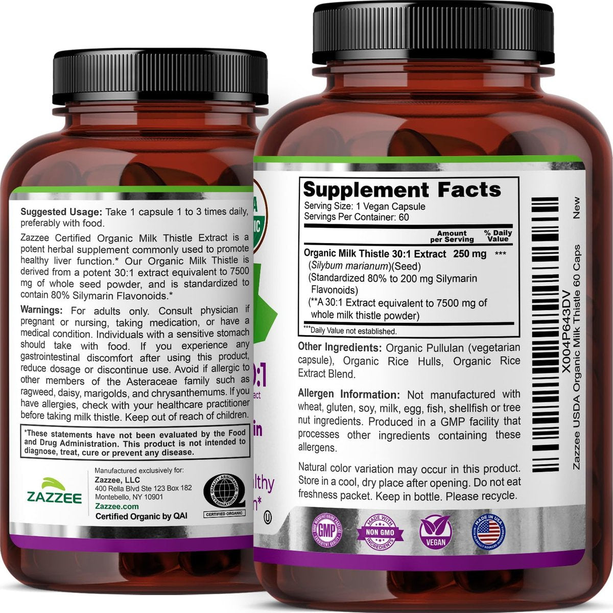 Zazzee USDA Bio Mariendistel 30:1 Extrakt, 80 % Silymarin, 60 vegane Kapseln, 2 Monate Vorrat, zertifiziert koscher, hochwirksame Leber- & Antioxidans-Unterstützung, Silybum Marianum, nicht gentechnisch verändert, hergestellt in den USA