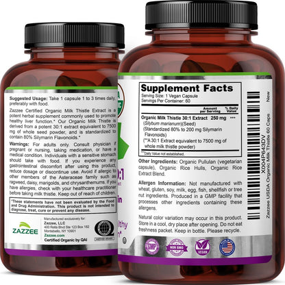 Zazzee USDA Bio Mariendistel 30:1 Extrakt, 80 % Silymarin, 60 vegane Kapseln, 2 Monate Vorrat, zertifiziert koscher, hochwirksame Leber- & Antioxidans-Unterstützung, Silybum Marianum, nicht gentechnisch verändert, hergestellt in den USA