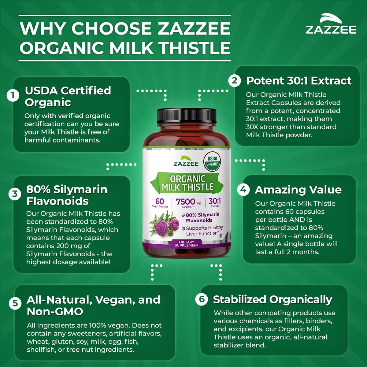 Zazzee USDA Bio Mariendistel 30:1 Extrakt, 80 % Silymarin, 60 vegane Kapseln, 2 Monate Vorrat, zertifiziert koscher, hochwirksame Leber- & Antioxidans-Unterstützung, Silybum Marianum, nicht gentechnisch verändert, hergestellt in den USA