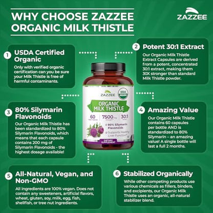 Zazzee USDA Bio Mariendistel 30:1 Extrakt, 80 % Silymarin, 60 vegane Kapseln, 2 Monate Vorrat, zertifiziert koscher, hochwirksame Leber- & Antioxidans-Unterstützung, Silybum Marianum, nicht gentechnisch verändert, hergestellt in den USA