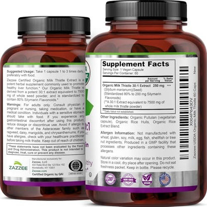 Zazzee USDA Bio Mariendistel 30:1 Extrakt, 80 % Silymarin, 60 vegane Kapseln, 2 Monate Vorrat, zertifiziert koscher, hochwirksame Leber- & Antioxidans-Unterstützung, Silybum Marianum, nicht gentechnisch verändert, hergestellt in den USA