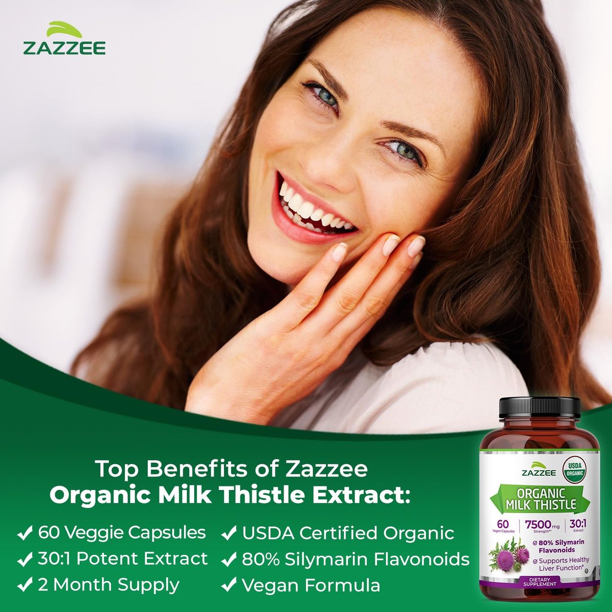 Zazzee USDA Bio Mariendistel 30:1 Extrakt, 80 % Silymarin, 60 vegane Kapseln, 2 Monate Vorrat, zertifiziert koscher, hochwirksame Leber- & Antioxidans-Unterstützung, Silybum Marianum, nicht gentechnisch verändert, hergestellt in den USA