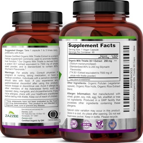 Zazzee Bio-Mariendistel 30:1 Extrakt, 80 % Silymarin, 90 vegane Kapseln, 3-Monats-Vorrat, zertifiziert koscher, hochpotente Leber- & Antioxidans-Unterstützung, Silybum Marianum, Non-GMO, hergestellt in den USA