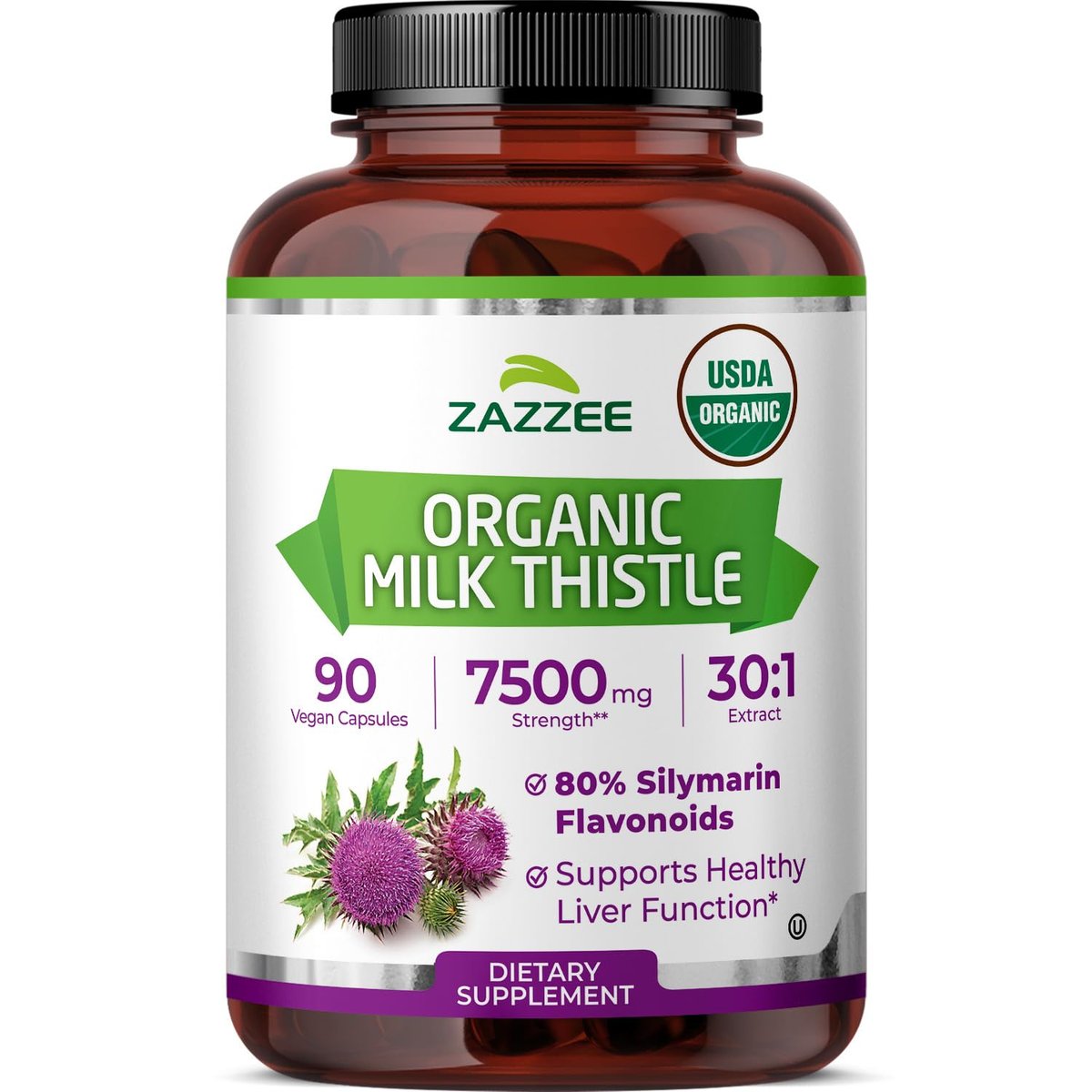Zazzee Bio-Mariendistel 30:1 Extrakt, 80 % Silymarin, 90 vegane Kapseln, 3-Monats-Vorrat, zertifiziert koscher, hochpotente Leber- & Antioxidans-Unterstützung, Silybum Marianum, Non-GMO, hergestellt in den USA