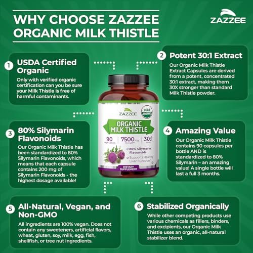 Zazzee Bio-Mariendistel 30:1 Extrakt, 80 % Silymarin, 90 vegane Kapseln, 3-Monats-Vorrat, zertifiziert koscher, hochpotente Leber- & Antioxidans-Unterstützung, Silybum Marianum, Non-GMO, hergestellt in den USA