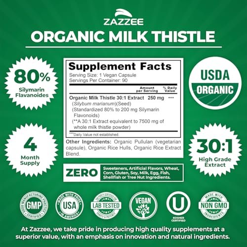 Zazzee Bio-Mariendistel 30:1 Extrakt, 80 % Silymarin, 90 vegane Kapseln, 3-Monats-Vorrat, zertifiziert koscher, hochpotente Leber- & Antioxidans-Unterstützung, Silybum Marianum, Non-GMO, hergestellt in den USA
