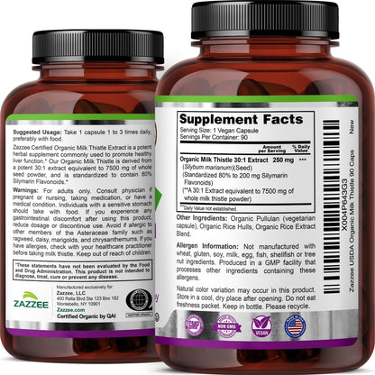 Zazzee Bio-Mariendistel 30:1 Extrakt, 80 % Silymarin, 90 vegane Kapseln, 3-Monats-Vorrat, zertifiziert koscher, hochpotente Leber- & Antioxidans-Unterstützung, Silybum Marianum, Non-GMO, hergestellt in den USA