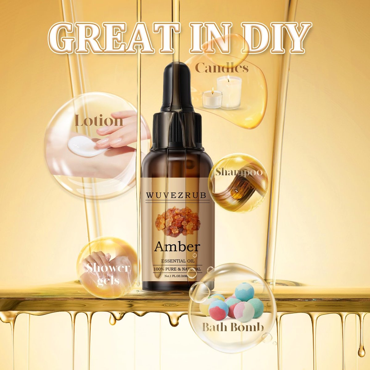 Wuvezrub Amber Ätherisches Öl 30 ml – 100 % reines und natürliches Öl für Aromatherapie-Diffuser – 1 Fl Oz/Amber