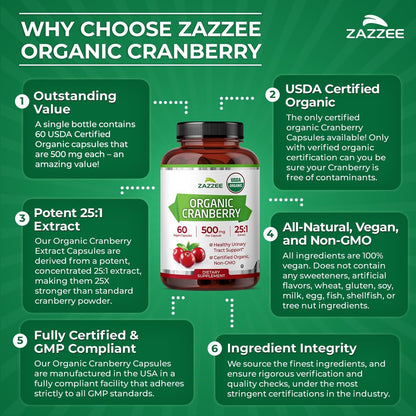 Zazzee USDA Bio-Cranberry 25:1 Extrakt, 500 mg pro Kapsel, 60 vegane Kapseln, 2-Monats-Vorrat, zertifiziert koscher, Vaccinium Macrocarpon, Unterstützung für Harnwege & Blase, Nicht-GVO, Hergestellt in den USA