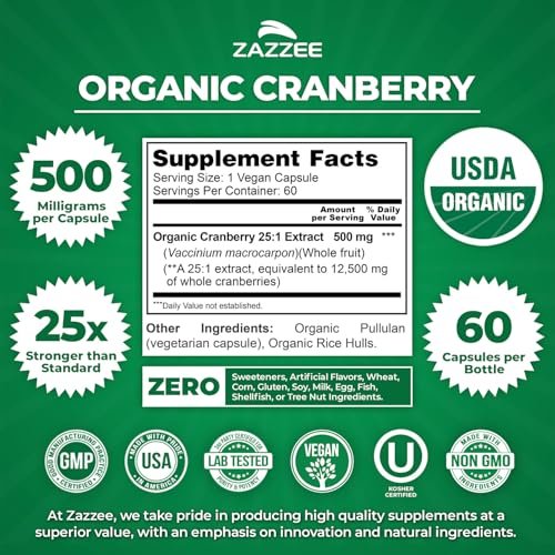 Zazzee USDA Bio-Cranberry 25:1 Extrakt, 500 mg pro Kapsel, 60 vegane Kapseln, 2-Monats-Vorrat, zertifiziert koscher, Vaccinium Macrocarpon, Unterstützung für Harnwege & Blase, Nicht-GVO, Hergestellt in den USA