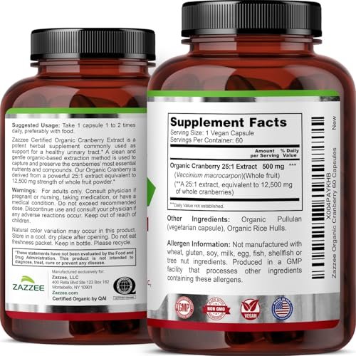 Zazzee USDA Bio-Cranberry 25:1 Extrakt, 500 mg pro Kapsel, 60 vegane Kapseln, 2-Monats-Vorrat, zertifiziert koscher, Vaccinium Macrocarpon, Unterstützung für Harnwege & Blase, Nicht-GVO, Hergestellt in den USA