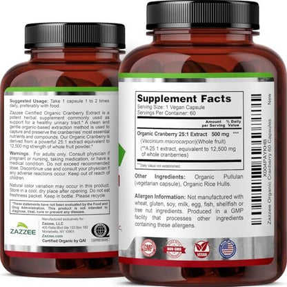Zazzee USDA Bio-Cranberry 25:1 Extrakt, 500 mg pro Kapsel, 60 vegane Kapseln, 2-Monats-Vorrat, zertifiziert koscher, Vaccinium Macrocarpon, Unterstützung für Harnwege & Blase, Nicht-GVO, Hergestellt in den USA