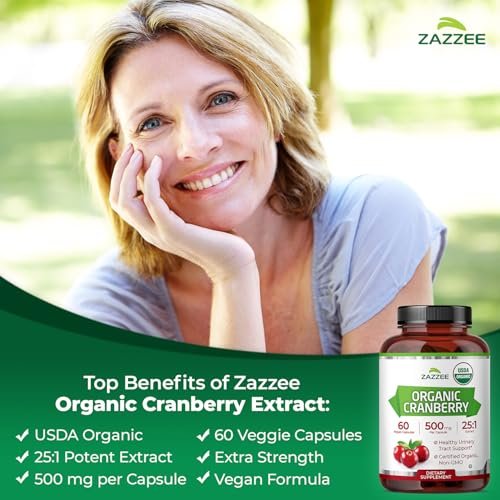 Zazzee USDA Bio-Cranberry 25:1 Extrakt, 500 mg pro Kapsel, 60 vegane Kapseln, 2-Monats-Vorrat, zertifiziert koscher, Vaccinium Macrocarpon, Unterstützung für Harnwege & Blase, Nicht-GVO, Hergestellt in den USA