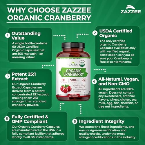 Zazzee USDA Bio-Cranberry 25:1 Extrakt, 500 mg pro Kapsel, 60 vegane Kapseln, 2-Monats-Vorrat, zertifiziert koscher, Vaccinium Macrocarpon, Unterstützung für Harnwege & Blase, Nicht-GVO, Hergestellt in den USA