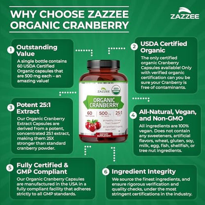 Zazzee USDA Bio-Cranberry 25:1 Extrakt, 500 mg pro Kapsel, 60 vegane Kapseln, 2-Monats-Vorrat, zertifiziert koscher, Vaccinium Macrocarpon, Unterstützung für Harnwege & Blase, Nicht-GVO, Hergestellt in den USA