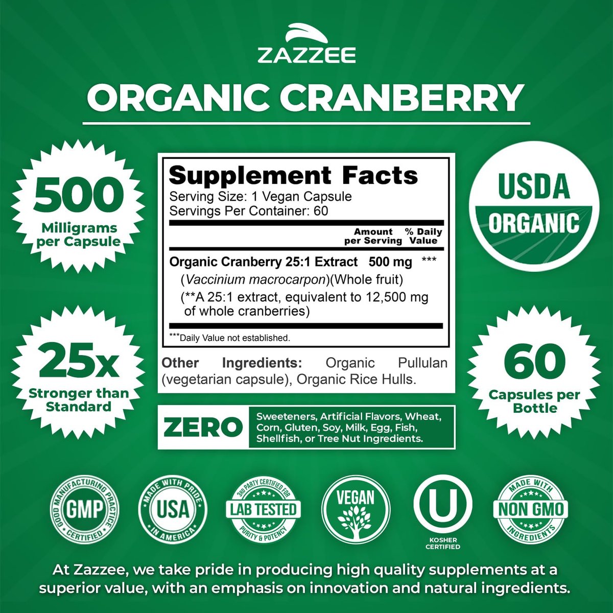 Zazzee USDA Bio-Cranberry 25:1 Extrakt, 500 mg pro Kapsel, 60 vegane Kapseln, 2-Monats-Vorrat, zertifiziert koscher, Vaccinium Macrocarpon, Unterstützung für Harnwege & Blase, Nicht-GVO, Hergestellt in den USA