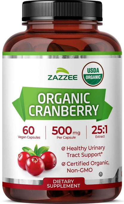 Zazzee USDA Bio-Cranberry 25:1 Extrakt, 500 mg pro Kapsel, 60 vegane Kapseln, 2-Monats-Vorrat, zertifiziert koscher, Vaccinium Macrocarpon, Unterstützung für Harnwege & Blase, Nicht-GVO, Hergestellt in den USA