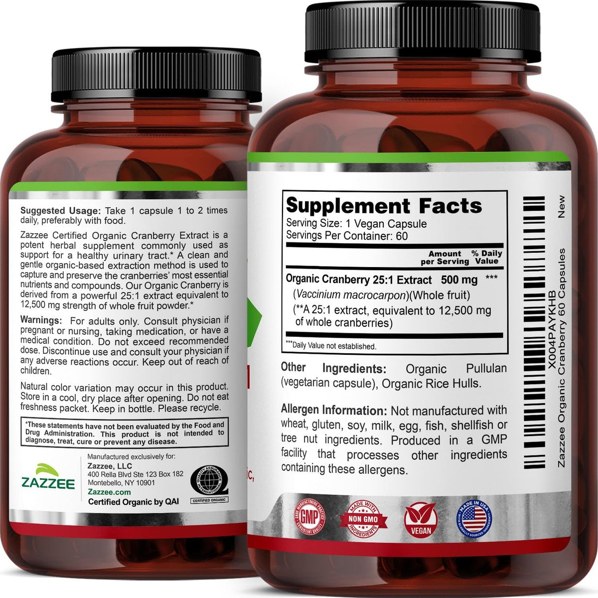 Zazzee USDA Bio-Cranberry 25:1 Extrakt, 500 mg pro Kapsel, 60 vegane Kapseln, 2-Monats-Vorrat, zertifiziert koscher, Vaccinium Macrocarpon, Unterstützung für Harnwege & Blase, Nicht-GVO, Hergestellt in den USA