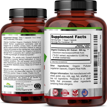 Zazzee USDA Bio-Cranberry 25:1 Extrakt, 500 mg pro Kapsel, 60 vegane Kapseln, 2-Monats-Vorrat, zertifiziert koscher, Vaccinium Macrocarpon, Unterstützung für Harnwege & Blase, Nicht-GVO, Hergestellt in den USA