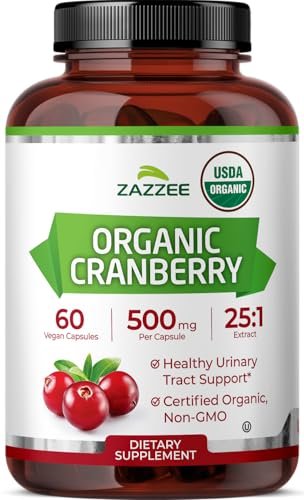 Zazzee USDA Bio-Cranberry 25:1 Extrakt, 500 mg pro Kapsel, 60 vegane Kapseln, 2-Monats-Vorrat, zertifiziert koscher, Vaccinium Macrocarpon, Unterstützung für Harnwege & Blase, Nicht-GVO, Hergestellt in den USA