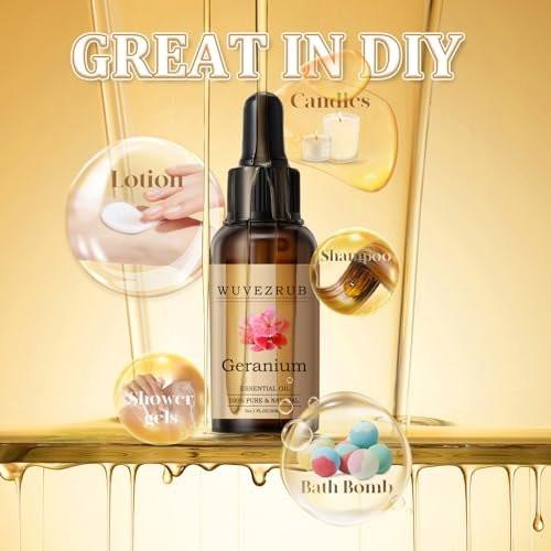 Wuvezrub Geranium Bio-Öl 30 ml – 100 % reines und natürliches Öl für Aromatherapie-Diffuser – 1 Fl Oz