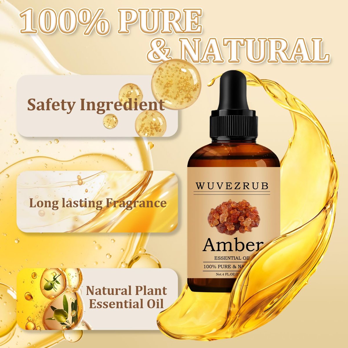 Wuvezrub Amber Bio-Öl 120 ml – 100 % reines und natürliches ätherisches Öl für Aromatherapie-Diffuser – 4 Fl Oz
