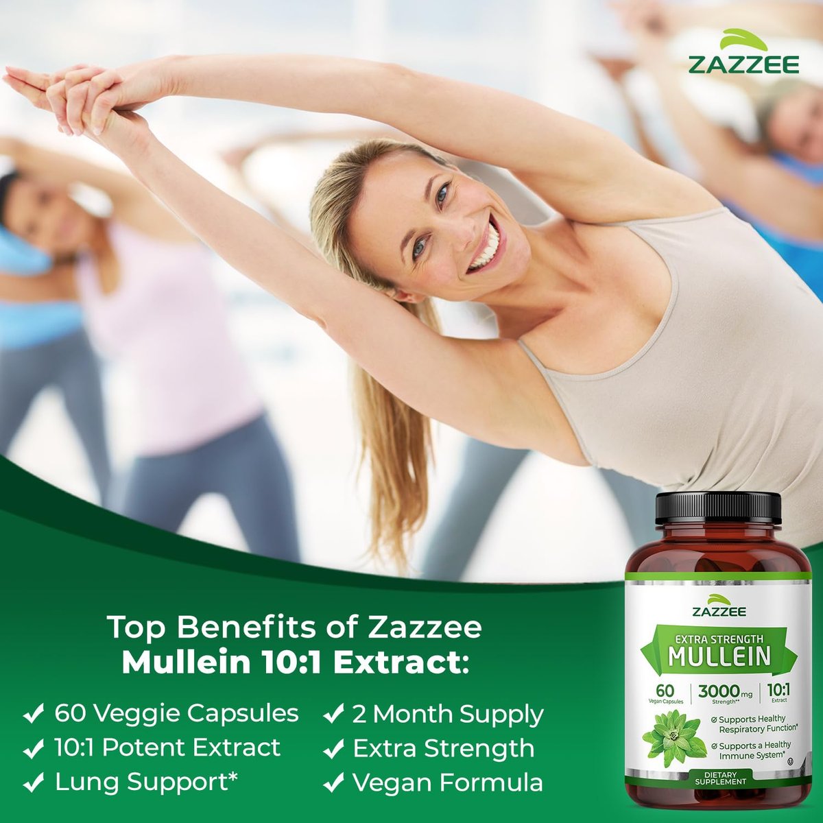 Zazzee Extra Starkes Mullein 10:1 Extrakt, 60 vegane Kapseln, 2 Monate Vorrat, Verbascum Thapsus, Atemwegs- & Lungenunterstützung, Koscher zertifiziert, 100% reines Blattpulver, Nicht-GVO, Hergestellt in den USA