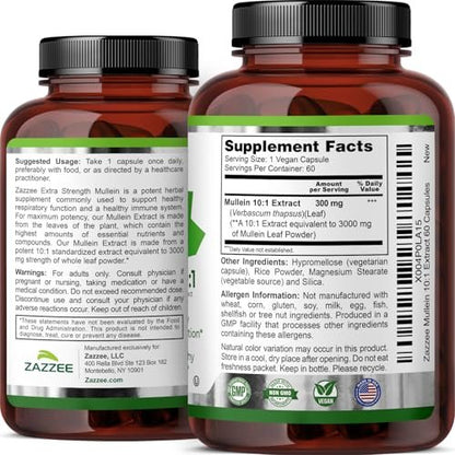 Zazzee Extra Starkes Mullein 10:1 Extrakt, 60 vegane Kapseln, 2 Monate Vorrat, Verbascum Thapsus, Atemwegs- & Lungenunterstützung, Koscher zertifiziert, 100% reines Blattpulver, Nicht-GVO, Hergestellt in den USA