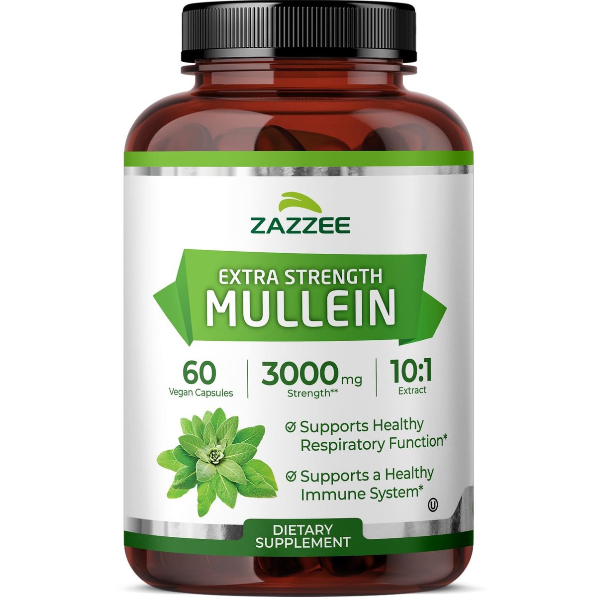Zazzee Extra Starkes Mullein 10:1 Extrakt, 60 vegane Kapseln, 2 Monate Vorrat, Verbascum Thapsus, Atemwegs- & Lungenunterstützung, Koscher zertifiziert, 100% reines Blattpulver, Nicht-GVO, Hergestellt in den USA