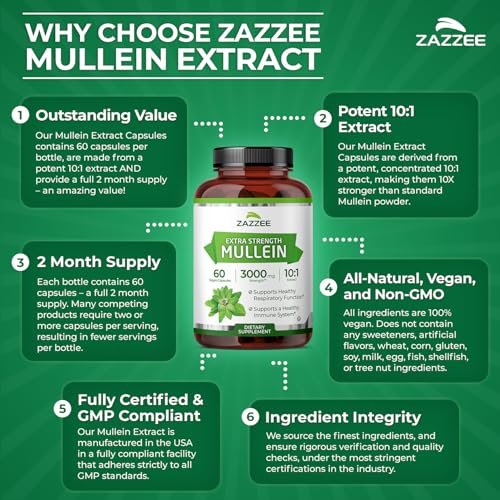 Zazzee Extra Starkes Mullein 10:1 Extrakt, 60 vegane Kapseln, 2 Monate Vorrat, Verbascum Thapsus, Atemwegs- & Lungenunterstützung, Koscher zertifiziert, 100% reines Blattpulver, Nicht-GVO, Hergestellt in den USA
