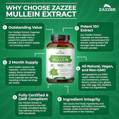Zazzee Extra Starkes Mullein 10:1 Extrakt, 60 vegane Kapseln, 2 Monate Vorrat, Verbascum Thapsus, Atemwegs- & Lungenunterstützung, Koscher zertifiziert, 100% reines Blattpulver, Nicht-GVO, Hergestellt in den USA