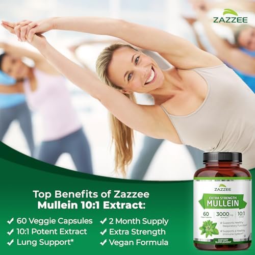 Zazzee Extra Starkes Mullein 10:1 Extrakt, 60 vegane Kapseln, 2 Monate Vorrat, Verbascum Thapsus, Atemwegs- & Lungenunterstützung, Koscher zertifiziert, 100% reines Blattpulver, Nicht-GVO, Hergestellt in den USA