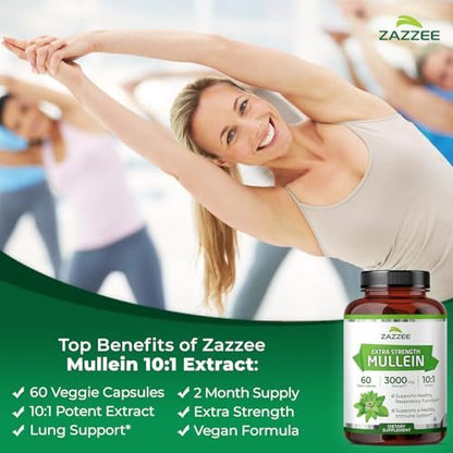 Zazzee Extra Starkes Mullein 10:1 Extrakt, 60 vegane Kapseln, 2 Monate Vorrat, Verbascum Thapsus, Atemwegs- & Lungenunterstützung, Koscher zertifiziert, 100% reines Blattpulver, Nicht-GVO, Hergestellt in den USA