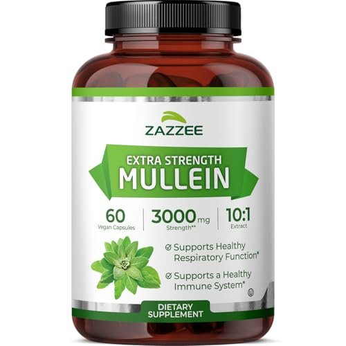 Zazzee Extra Starkes Mullein 10:1 Extrakt, 60 vegane Kapseln, 2 Monate Vorrat, Verbascum Thapsus, Atemwegs- & Lungenunterstützung, Koscher zertifiziert, 100% reines Blattpulver, Nicht-GVO, Hergestellt in den USA
