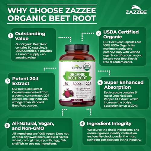 Zazzee USDA Bio Rote Bete 20:1 Extrakt, 60 vegane Kapseln, 2 Monate Vorrat, Stickoxid-Unterstützung, mit Schwarzem Pfeffer Extrakt, Koscher, Nicht-GVO, Hergestellt in den USA